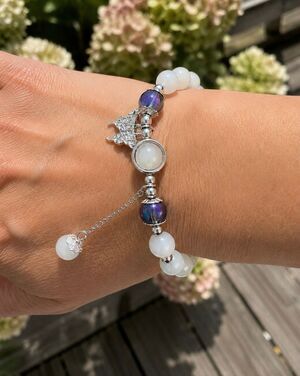 Milky White Beaded Stretch Bracelet with Butterfly Charm